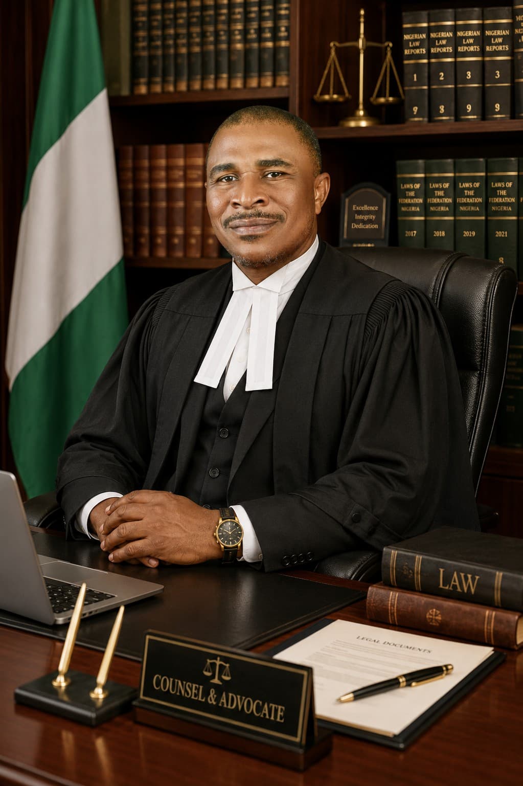 Sam Onah, Principal Counsel, in barrister's wig and gown at the chambers in Calabar, beside the Nigerian flag and the Laws of the Federation volumes