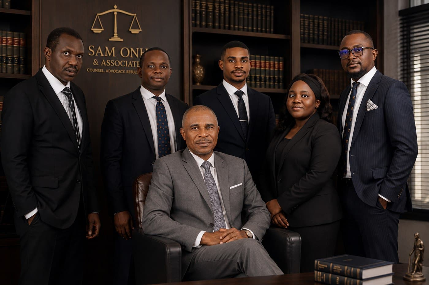 The team at Sam Onah & Associates, with Sam Onah, Principal Counsel, seated at the centre
